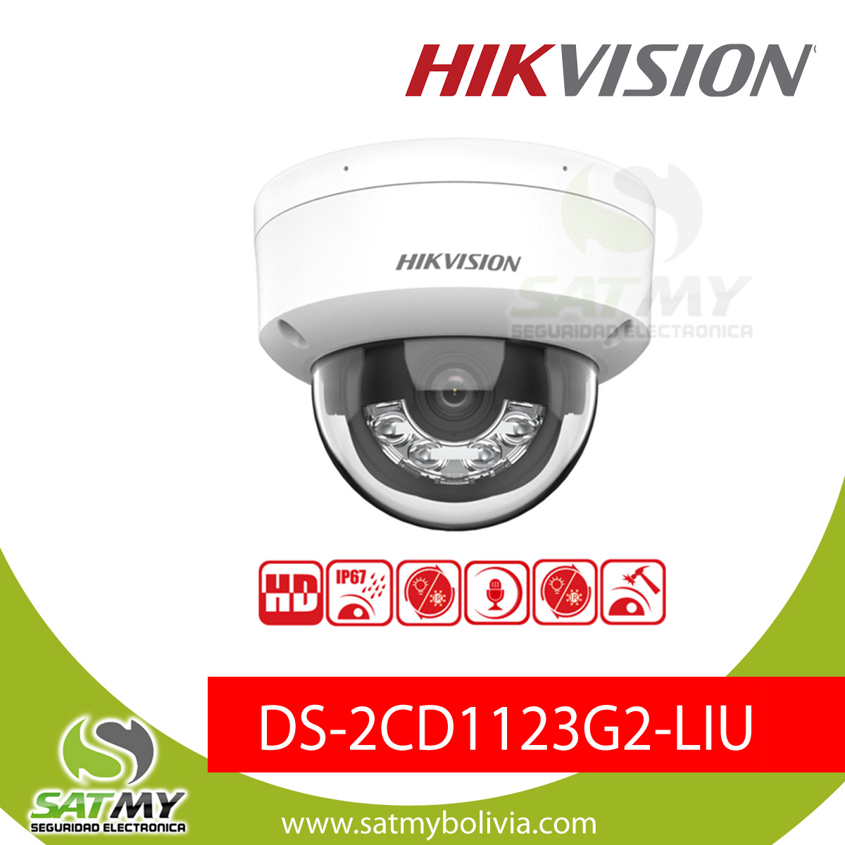 CAMARA IP DOMO 2MP, IR+LUZ 30M, CON MIC, IP67, METAL+PLASTICO